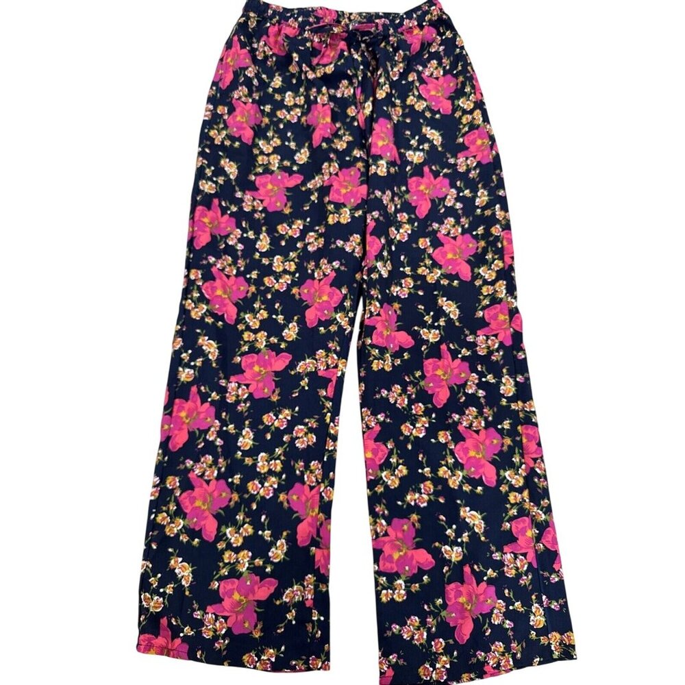 Navy Wide-Leg Floral Pants with Pink Blooms